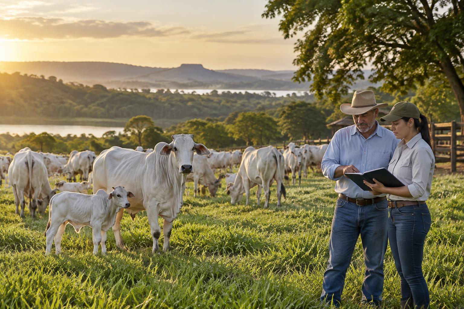 Produtor e técnica avaliando o rebanho no campo
